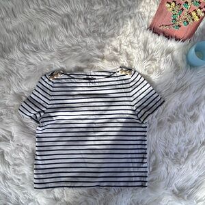 J. Crew Navy Striped Top with Gold Buttons